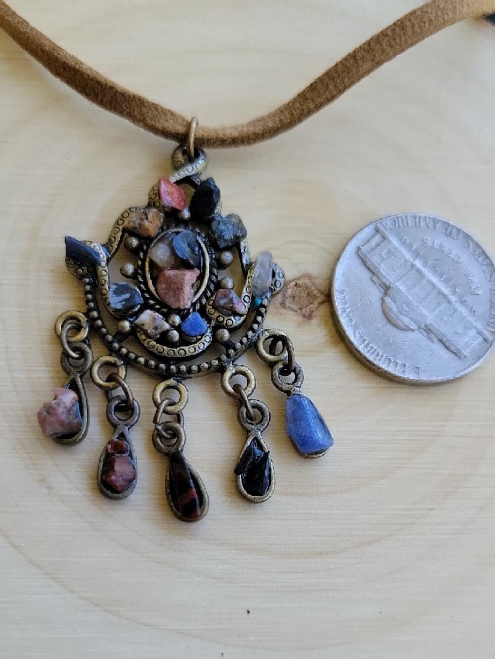 Bohemian Multicolor Stone Pendant With Leather 16"- 19" Adjust Cord Necklace NWT - Picture 3 of 4